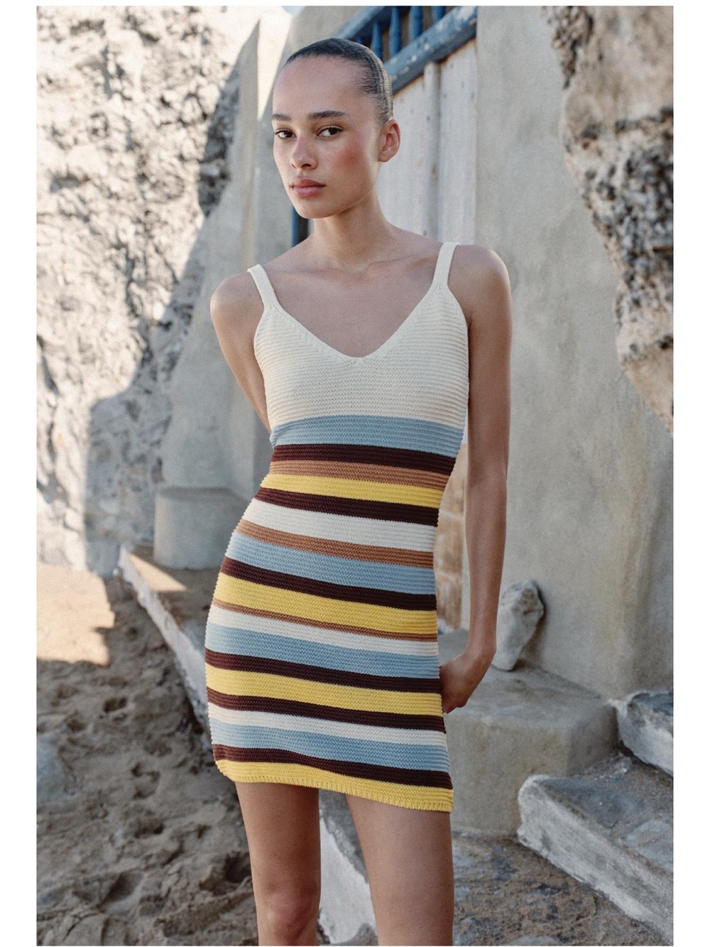 Zara NWT Cream stripped Knit Dress with Blue, Yellow & Brown Stripes M